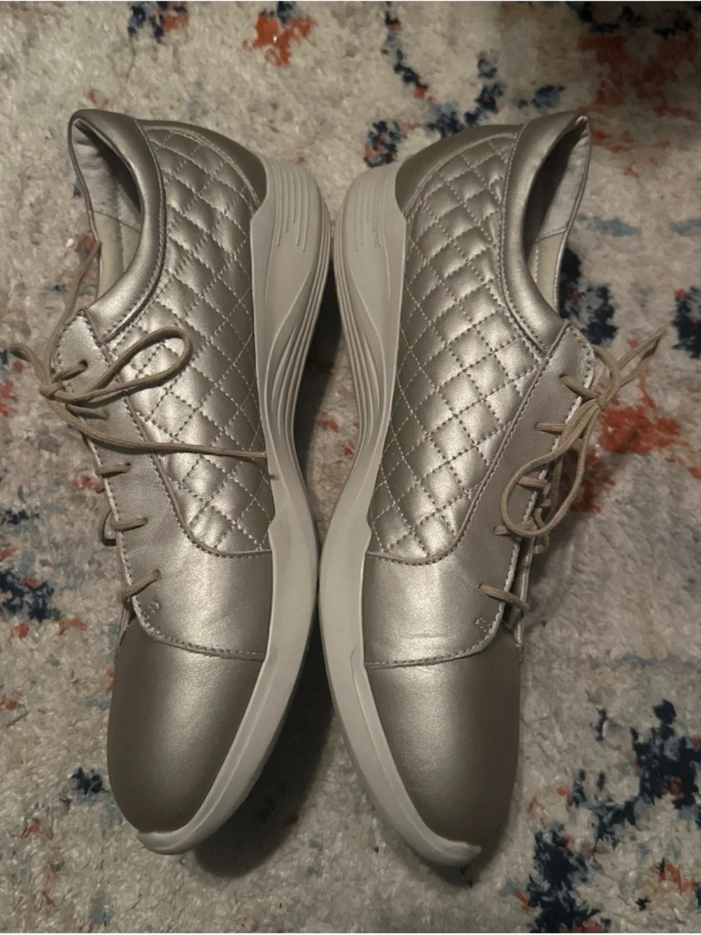 Munro Quilted Lace-Up Sneakers in Metallic Taupe with Maroon Insole Womens 10.5